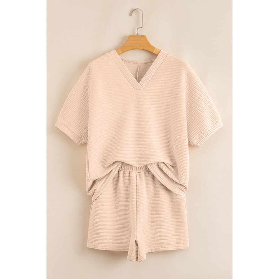 Orange Textured V Neck T Shirt and Shorts Set Two Piece Sets/Short Sets