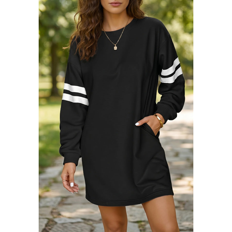 Orange Varsity Contrast Banded Sleeve Shift Sweatshirt Dress Black / S / 65% Polyester + 35% Cotton Dresses/Mini Dresses