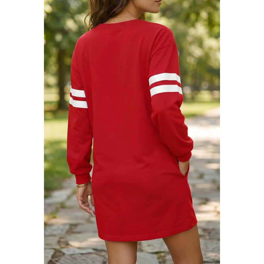 Orange Varsity Contrast Banded Sleeve Shift Sweatshirt Dress Dresses/Mini Dresses