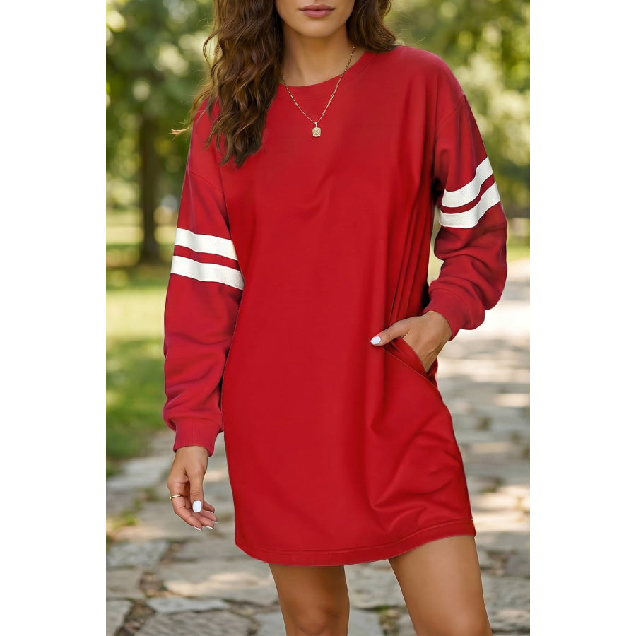 Orange Varsity Contrast Banded Sleeve Shift Sweatshirt Dress Dresses/Mini Dresses
