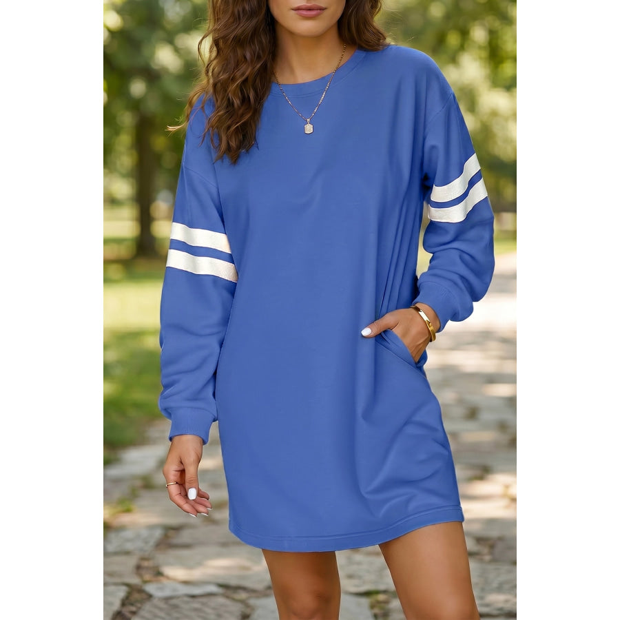 Orange Varsity Contrast Banded Sleeve Shift Sweatshirt Dress Dresses/Mini Dresses