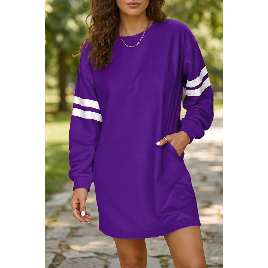 Orange Varsity Contrast Banded Sleeve Shift Sweatshirt Dress Dresses/Mini Dresses