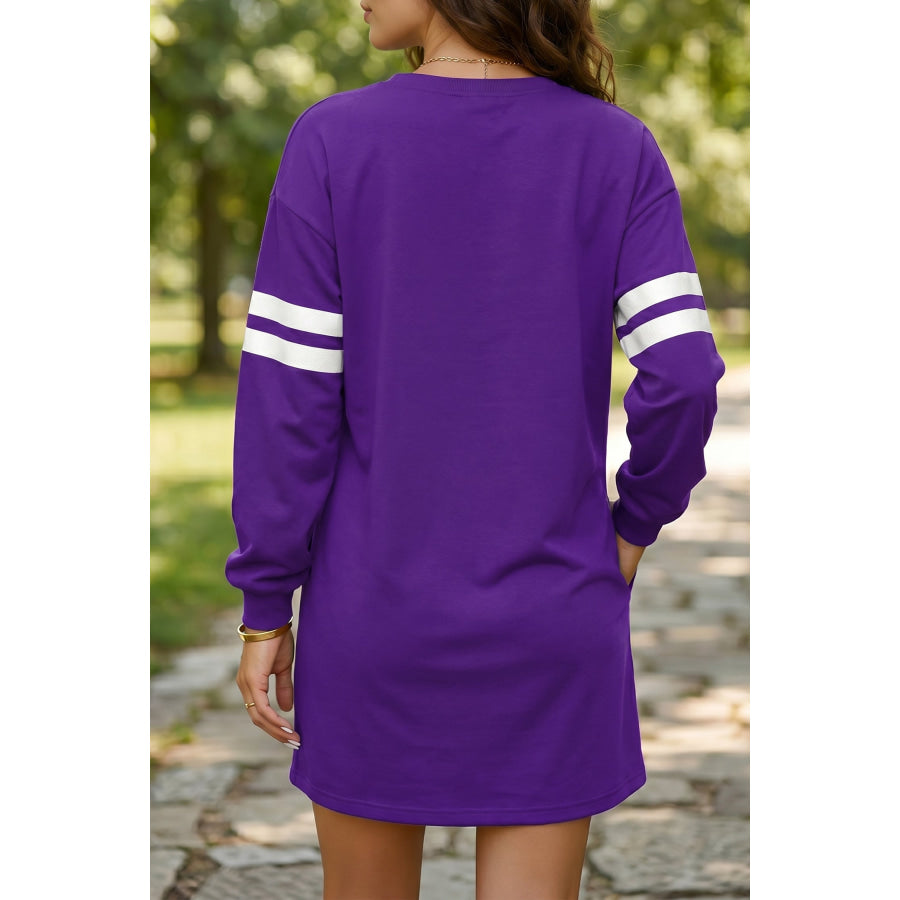 Orange Varsity Contrast Banded Sleeve Shift Sweatshirt Dress Dresses/Mini Dresses