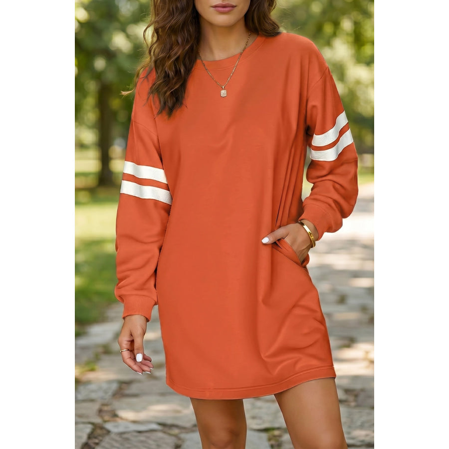 Orange Varsity Contrast Banded Sleeve Shift Sweatshirt Dress Dresses/Mini Dresses