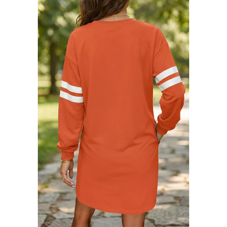 Orange Varsity Contrast Banded Sleeve Shift Sweatshirt Dress Dresses/Mini Dresses
