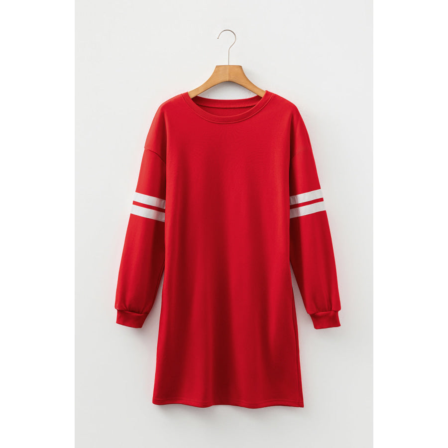 Orange Varsity Contrast Banded Sleeve Shift Sweatshirt Dress Fiery Red / S / 65% Polyester + 35% Cotton Dresses/Mini Dresses