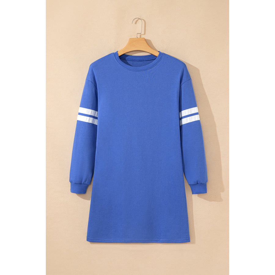 Orange Varsity Contrast Banded Sleeve Shift Sweatshirt Dress Sky Blue / S / 65% Polyester + 35% Cotton Dresses/Mini Dresses