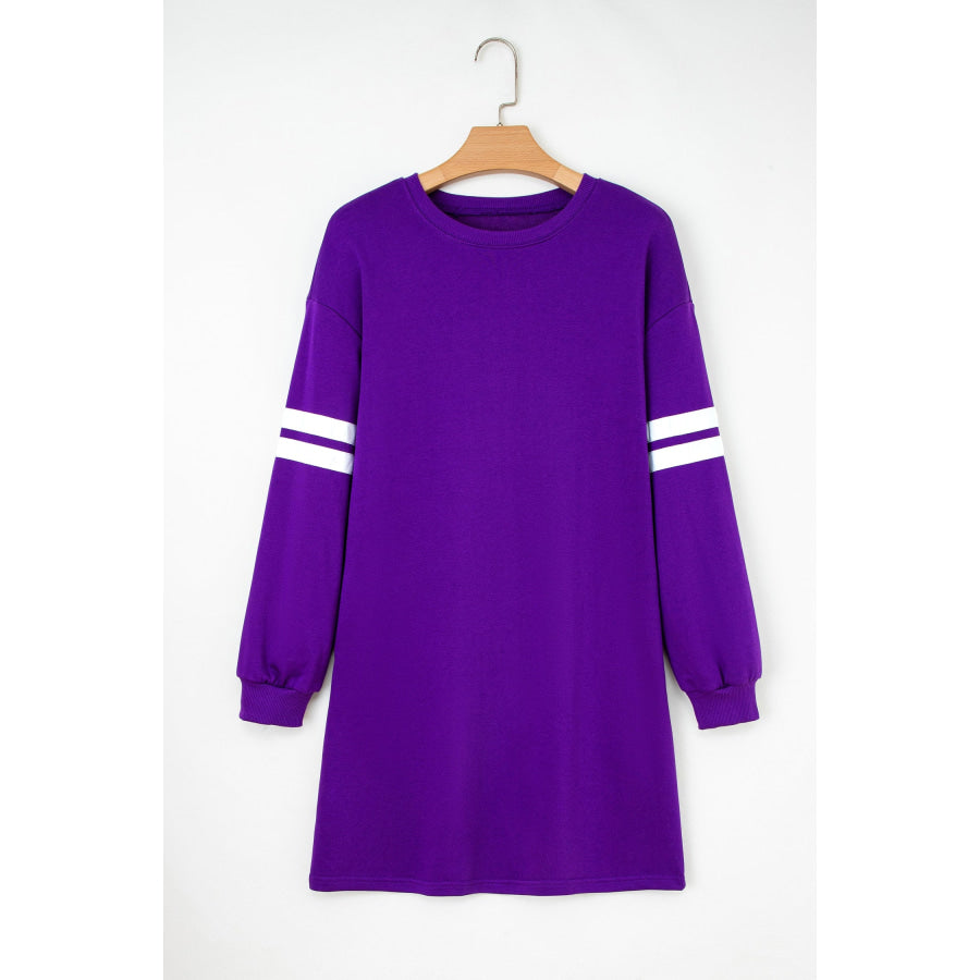Orange Varsity Contrast Banded Sleeve Shift Sweatshirt Dress Tillandsia Purple / S / 65% Polyester + 35% Cotton Dresses/Mini Dresses