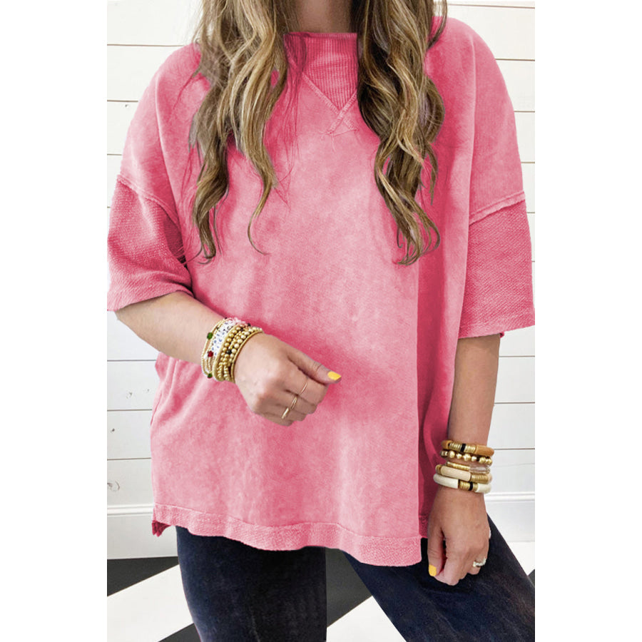 Orchid Petal Mineral Wash Drop Sleeve Patchwork Plus Tee Strawberry Pink / 1X / 85% Cotton + 15% Polyester Plus Size/Plus Size Tops/Plus