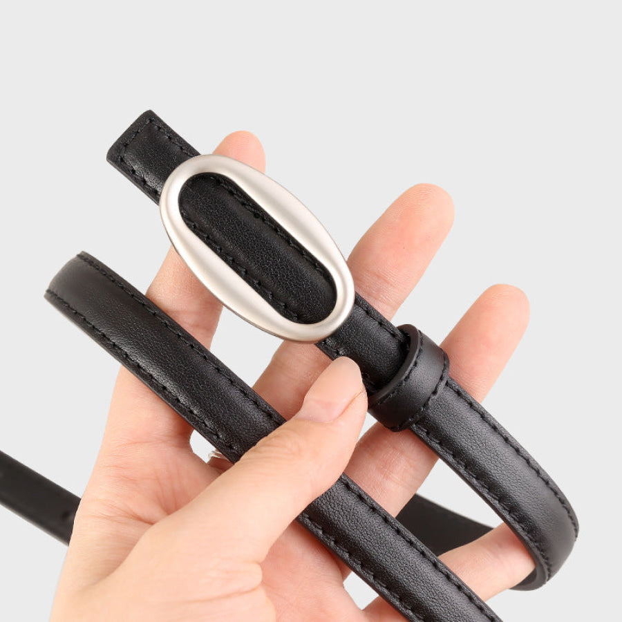 Oval Buckle Skinny Leather Belt Black / One Size Apparel and Accessories