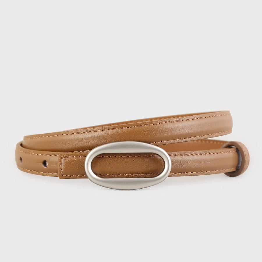 Oval Buckle Skinny Leather Belt Brown / One Size Apparel and Accessories