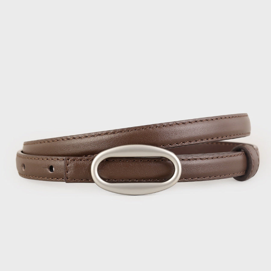 Oval Buckle Skinny Leather Belt Coffee Brown / One Size Apparel and Accessories