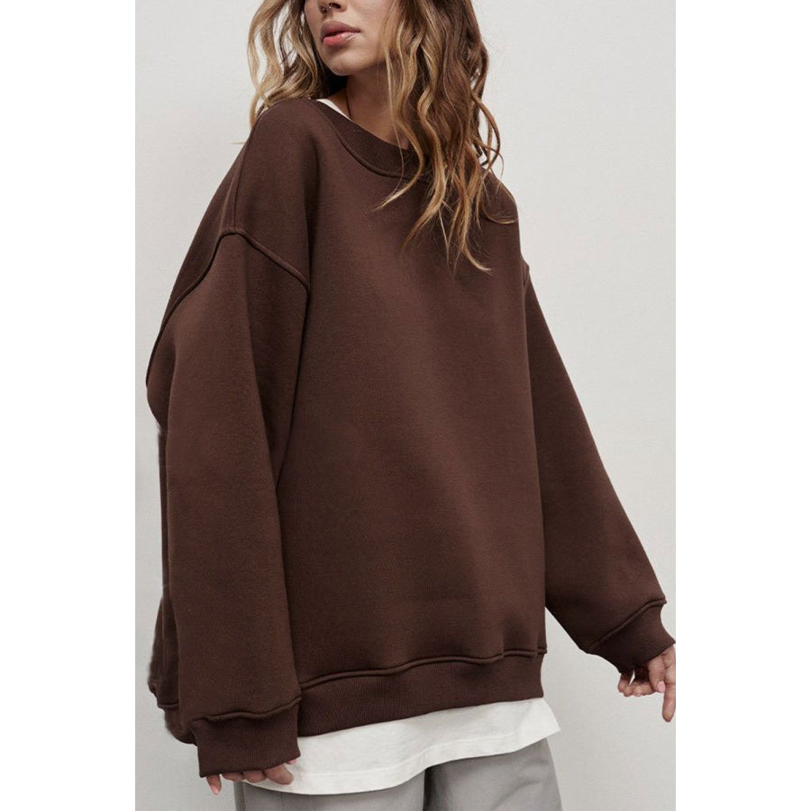 Oversize Round Neck Dropped Shoulder Sweatshirt Chocolate / S Apparel and Accessories