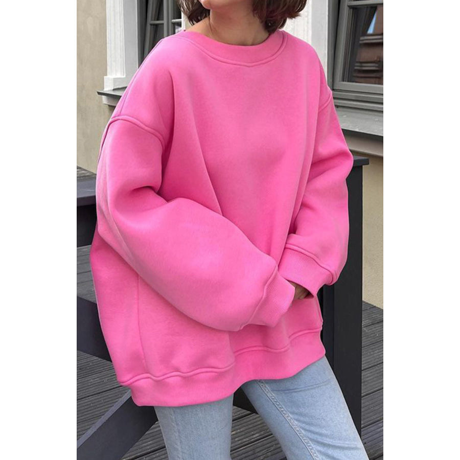 Oversize Round Neck Dropped Shoulder Sweatshirt Fuchsia Pink / S Apparel and Accessories