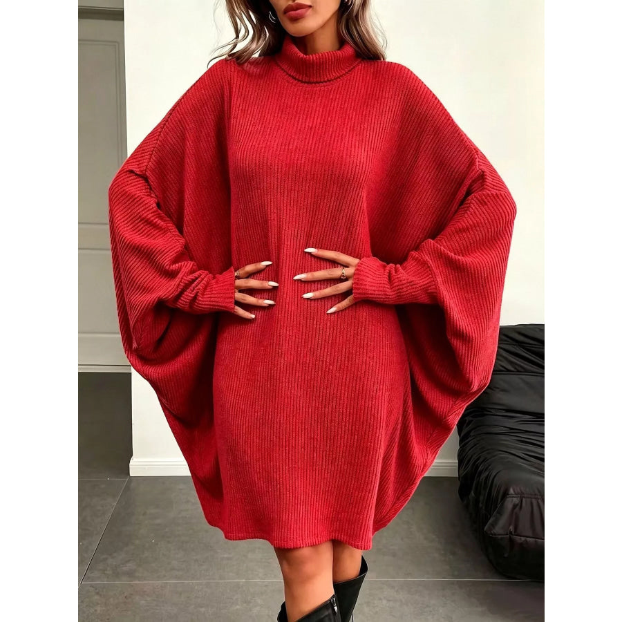 Oversized Batwing Sleeve Ribbed Knit Turtleneck Dress Apparel and Accessories