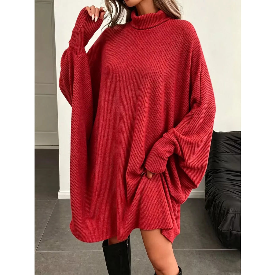 Oversized Batwing Sleeve Ribbed Knit Turtleneck Dress Apparel and Accessories