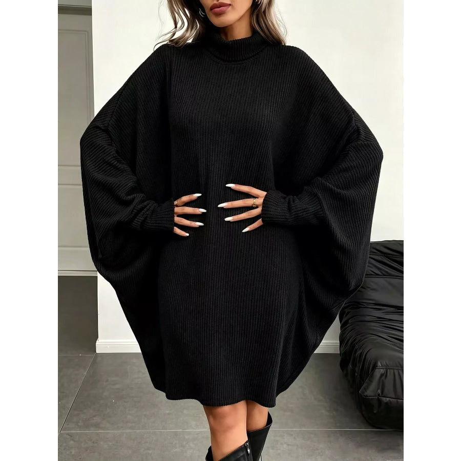 Oversized Batwing Sleeve Ribbed Knit Turtleneck Dress Apparel and Accessories