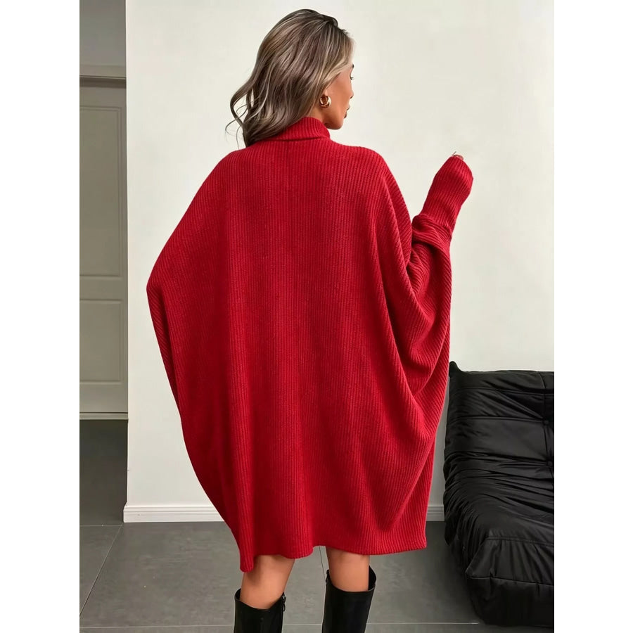 Oversized Batwing Sleeve Ribbed Knit Turtleneck Dress Apparel and Accessories