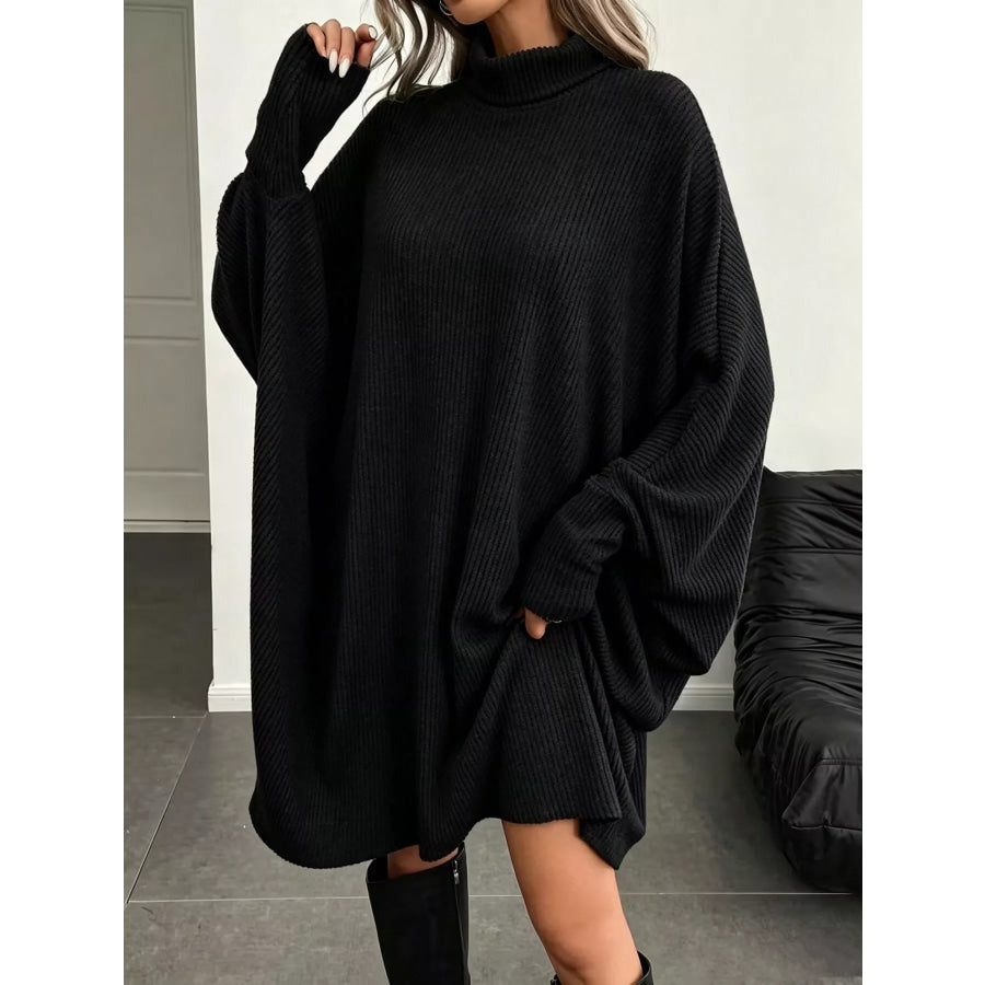 Oversized Batwing Sleeve Ribbed Knit Turtleneck Dress Apparel and Accessories