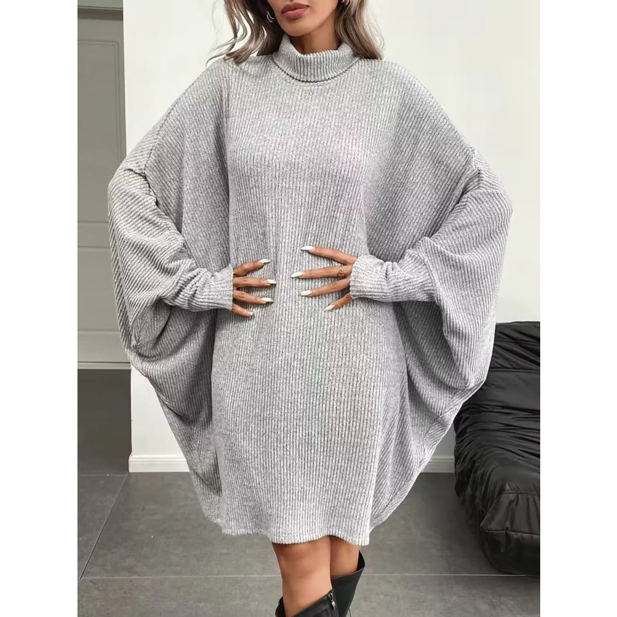 Oversized Batwing Sleeve Ribbed Knit Turtleneck Dress Gray / S Apparel and Accessories