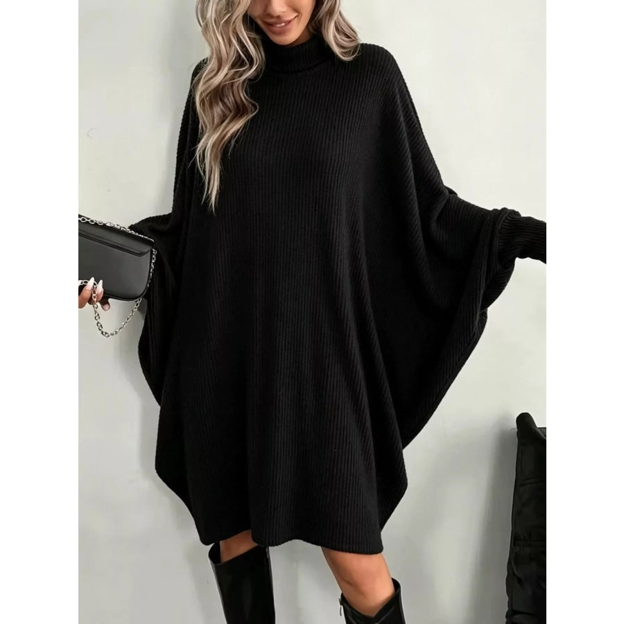 Oversized Batwing Sleeve Ribbed Knit Turtleneck Dress Black / S Apparel and Accessories