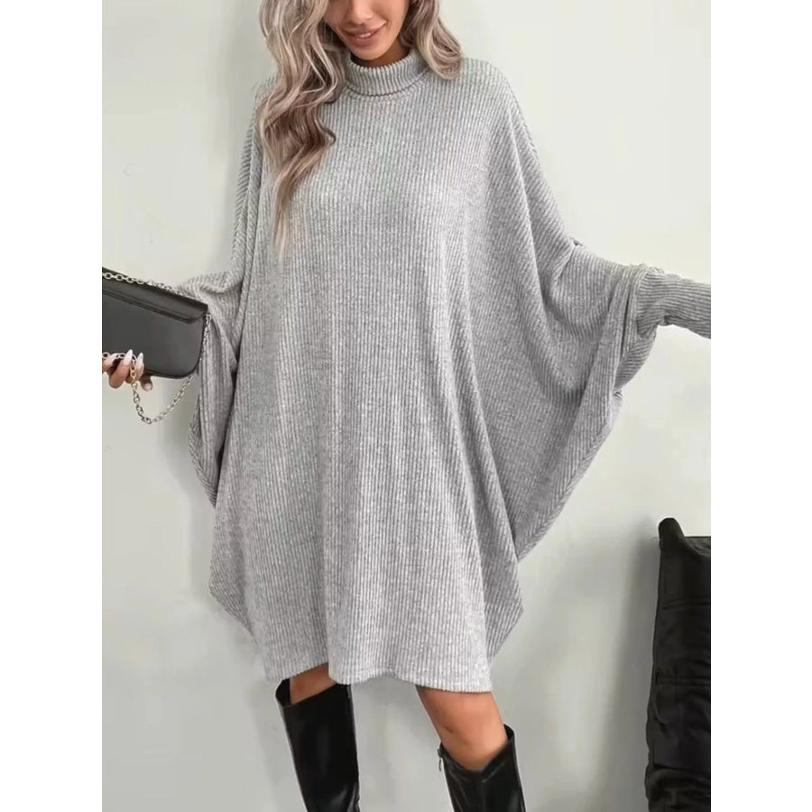 Oversized Batwing Sleeve Ribbed Knit Turtleneck Dress Gray / S Apparel and Accessories