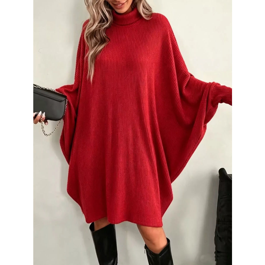 Oversized Batwing Sleeve Ribbed Knit Turtleneck Dress Red / S Apparel and Accessories