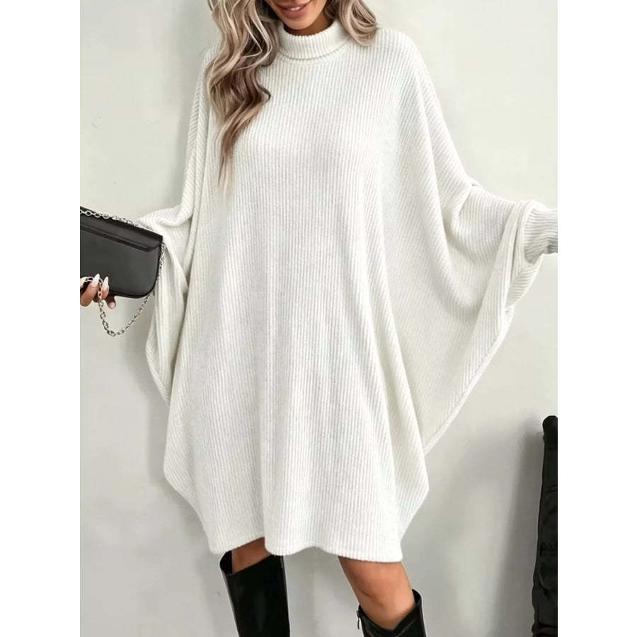 Oversized Batwing Sleeve Ribbed Knit Turtleneck Dress White / S Apparel and Accessories