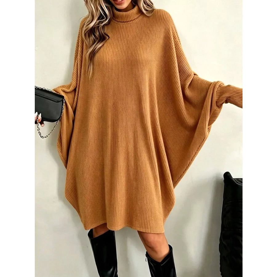 Oversized Batwing Sleeve Ribbed Knit Turtleneck Dress Yellow / S Apparel and Accessories