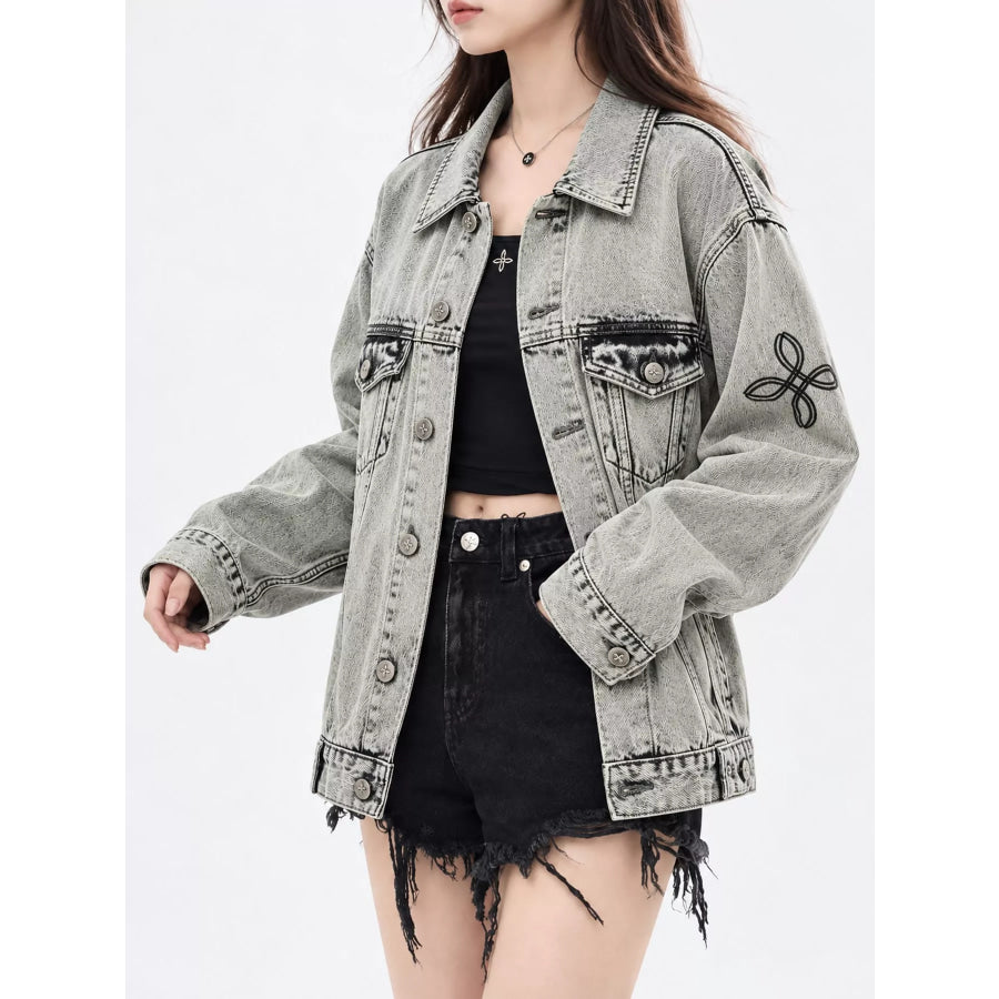 Oversized Button Up Denim Jacket White Snowflake / S Apparel and Accessories