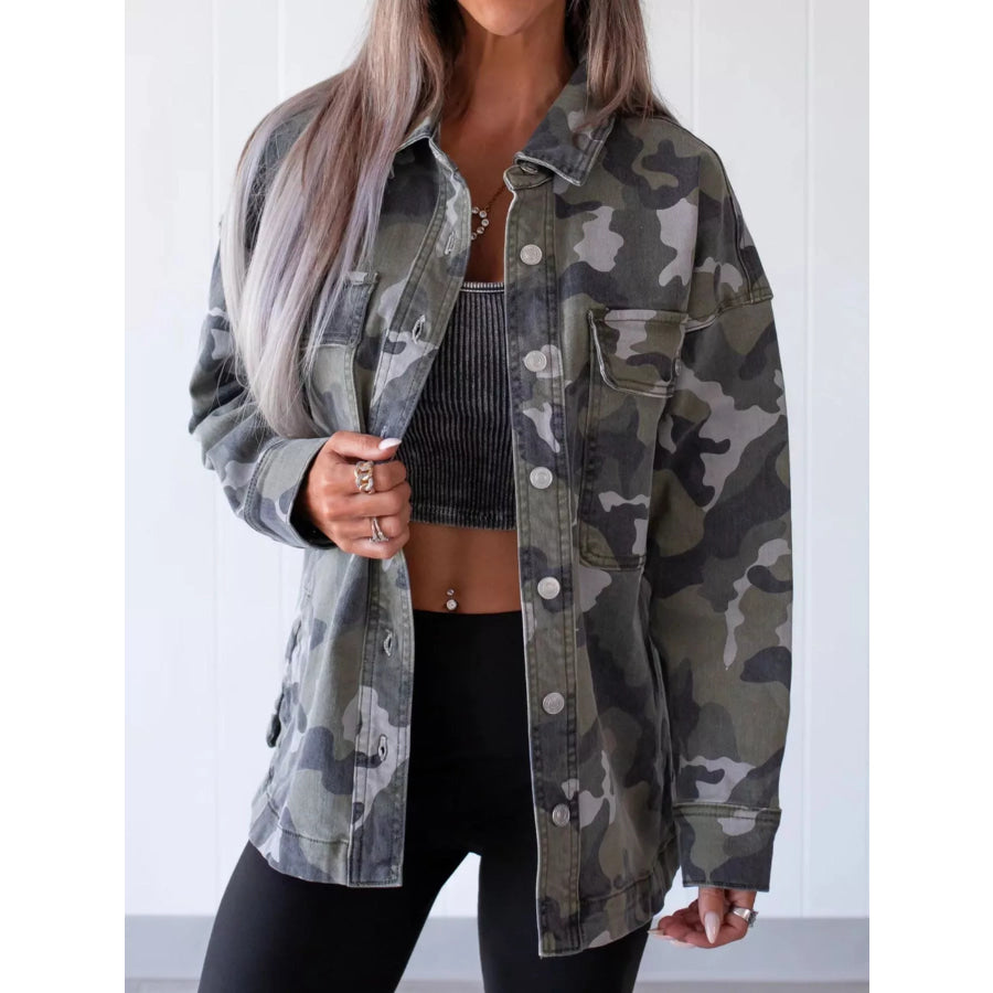 Oversized Camouflage Print Button Up Denim Jacket Olive Green / S Apparel and Accessories