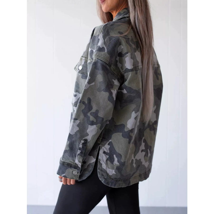 Oversized Camouflage Print Button Up Denim Jacket Apparel and Accessories