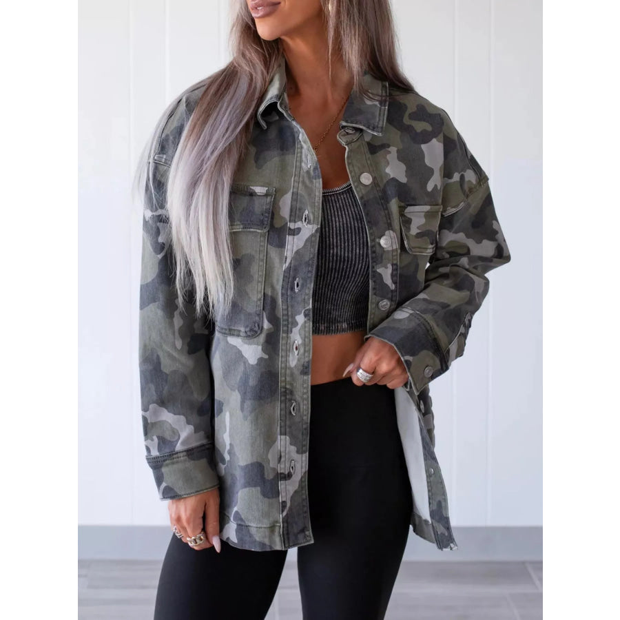 Oversized Camouflage Print Button Up Denim Jacket Olive Green / S Apparel and Accessories