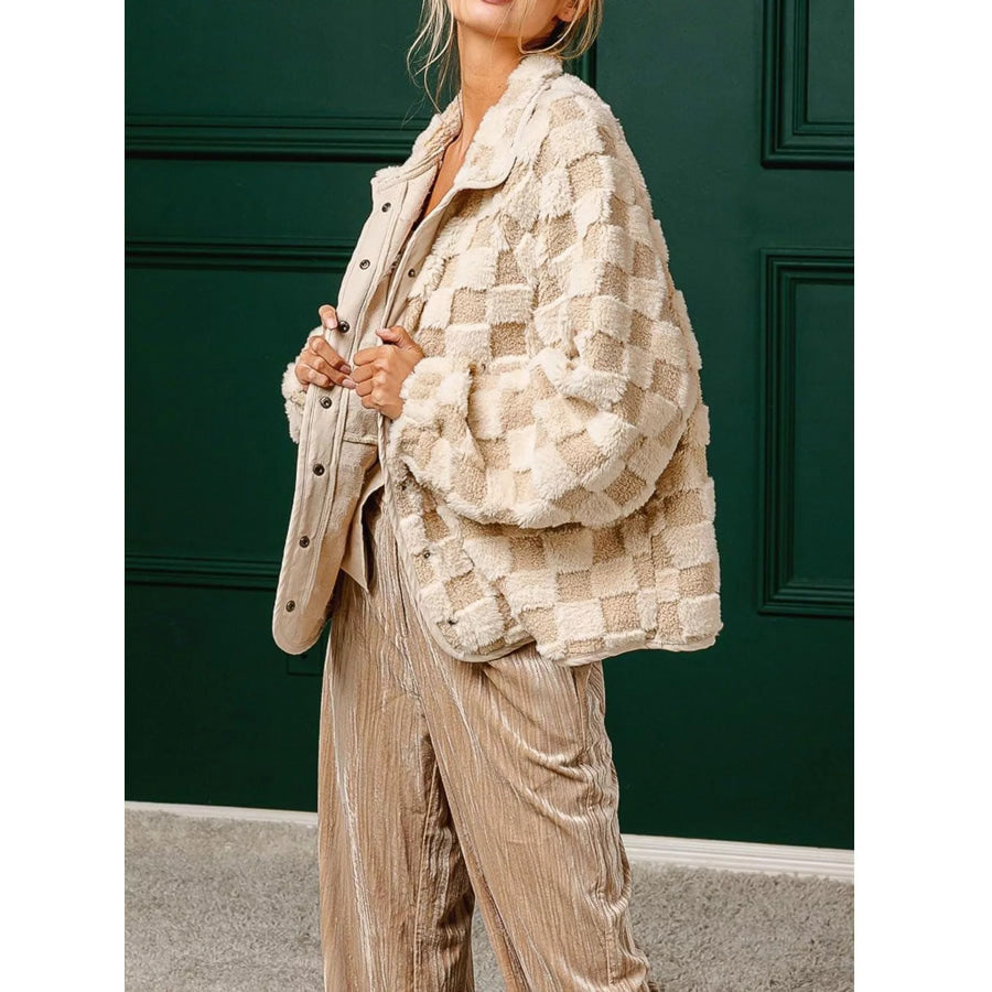 Oversized Checkerboard Faux Fur Teddy Jacket Apparel and Accessories