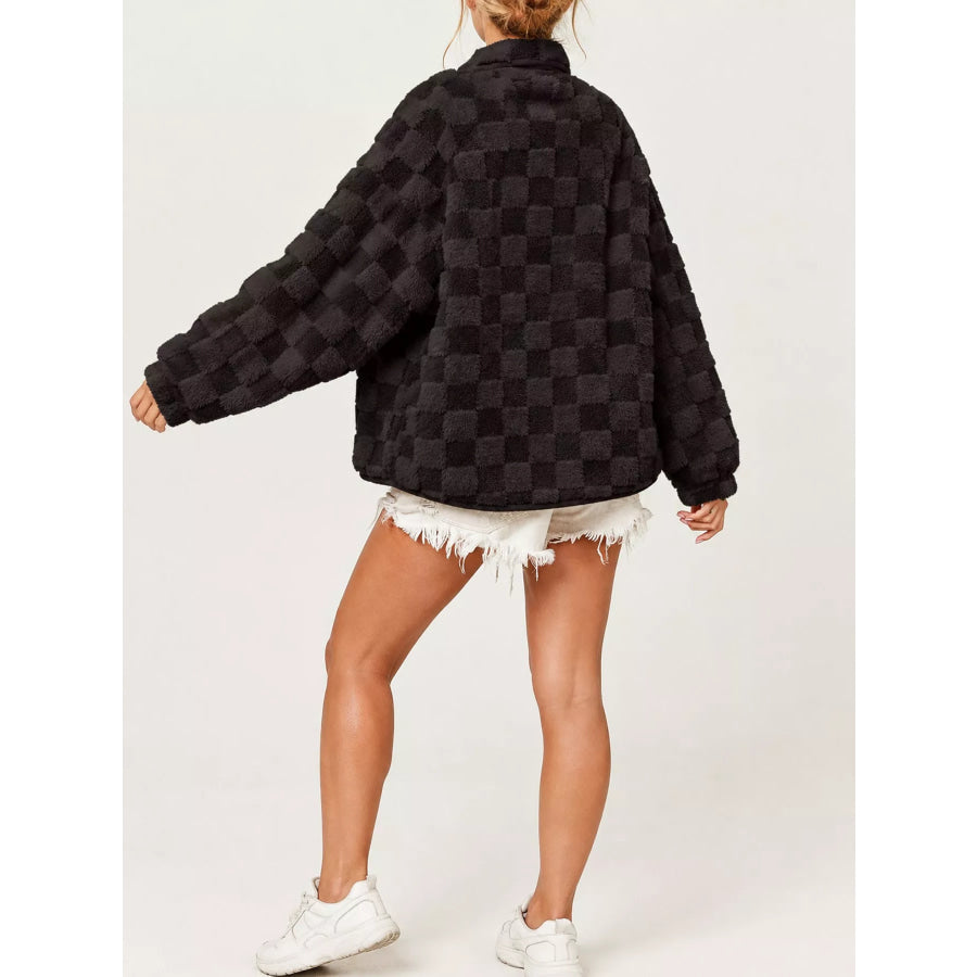 Oversized Checkerboard Faux Fur Teddy Jacket Apparel and Accessories