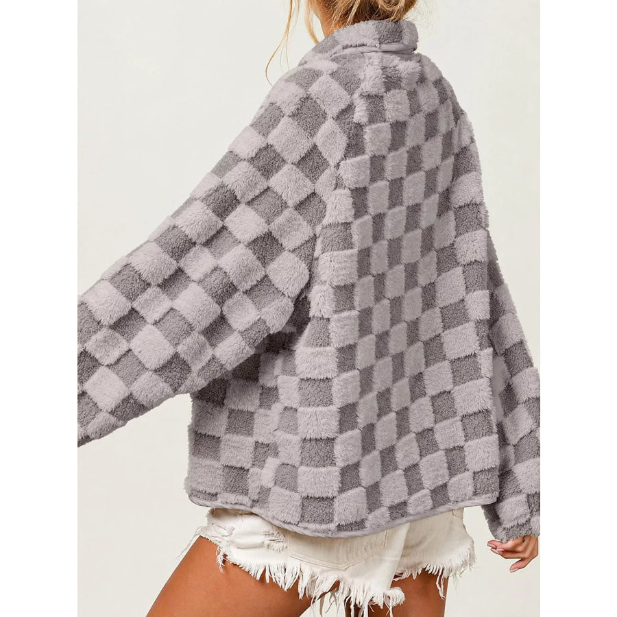 Oversized Checkerboard Faux Fur Teddy Jacket Apparel and Accessories