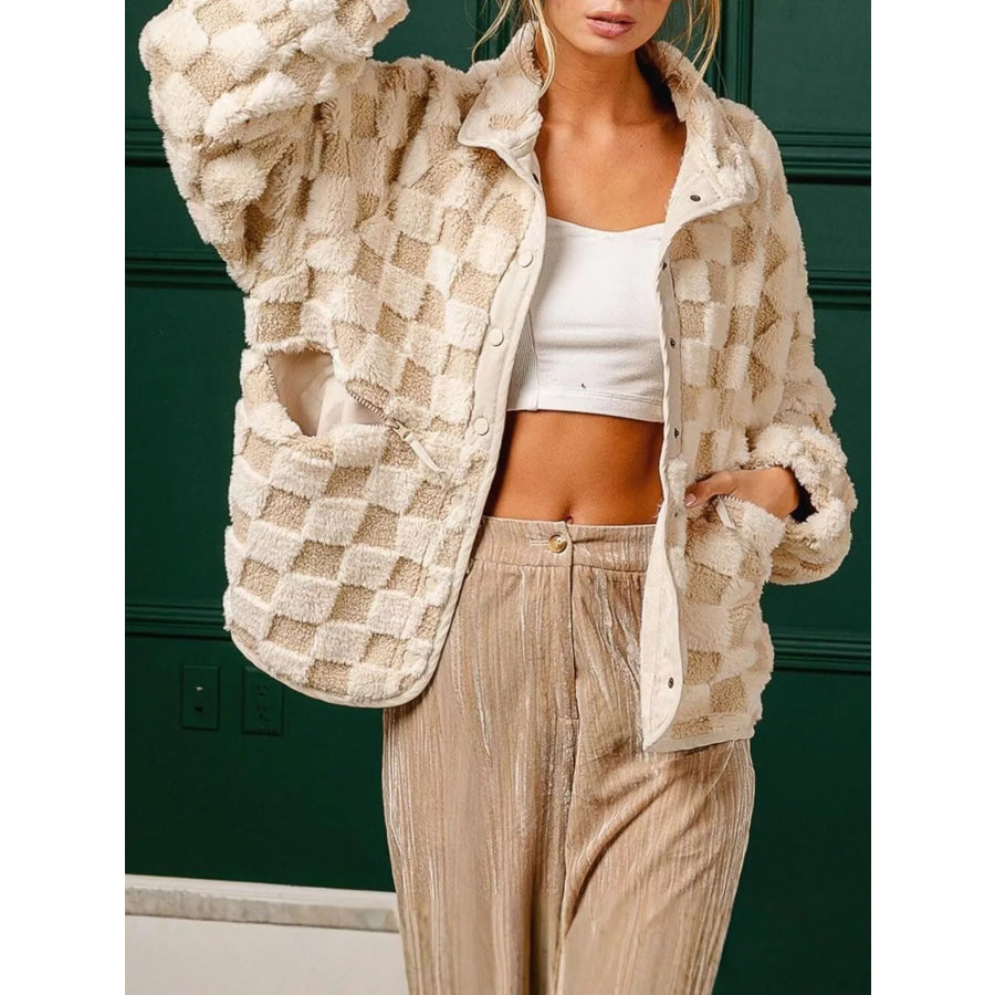 Oversized Checkerboard Faux Fur Teddy Jacket Apparel and Accessories