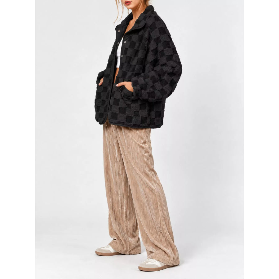 Oversized Checkerboard Faux Fur Teddy Jacket Apparel and Accessories