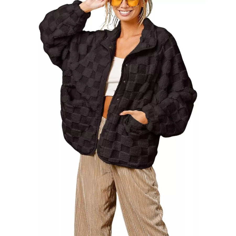 Oversized Checkerboard Faux Fur Teddy Jacket Black / S Apparel and Accessories