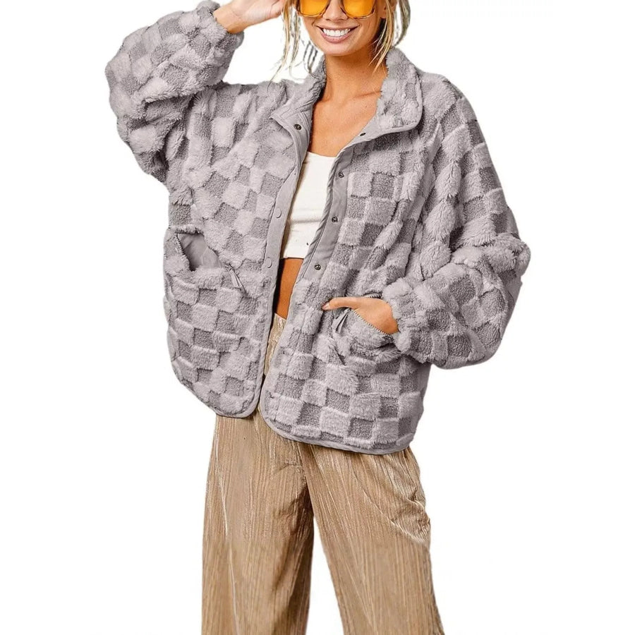 Oversized Checkerboard Faux Fur Teddy Jacket Gray / S Apparel and Accessories