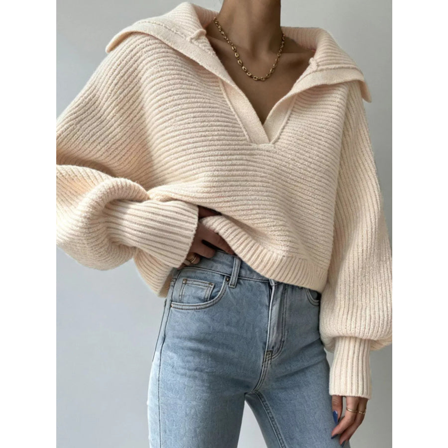 Oversized Collar Ribbed Cropped Sweater Apricot / S Apparel and Accessories