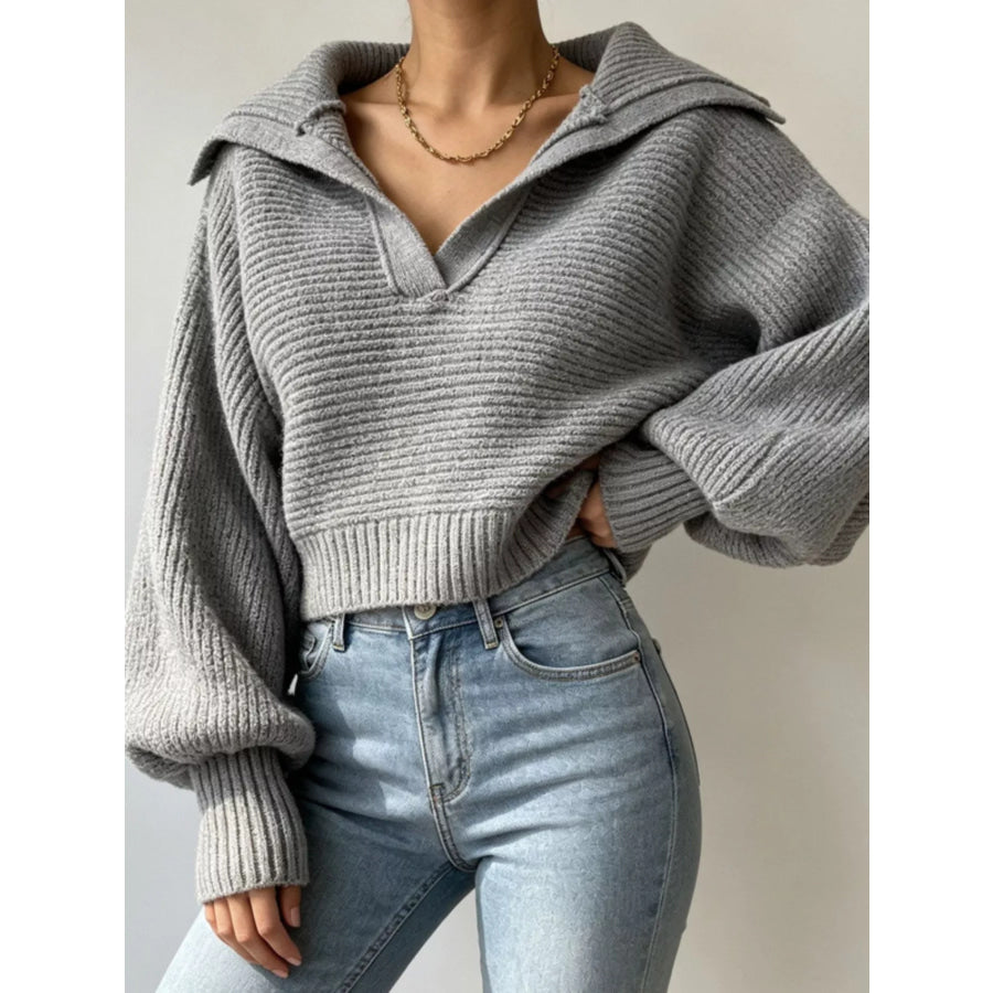 Oversized Collar Ribbed Cropped Sweater Gray / S Apparel and Accessories