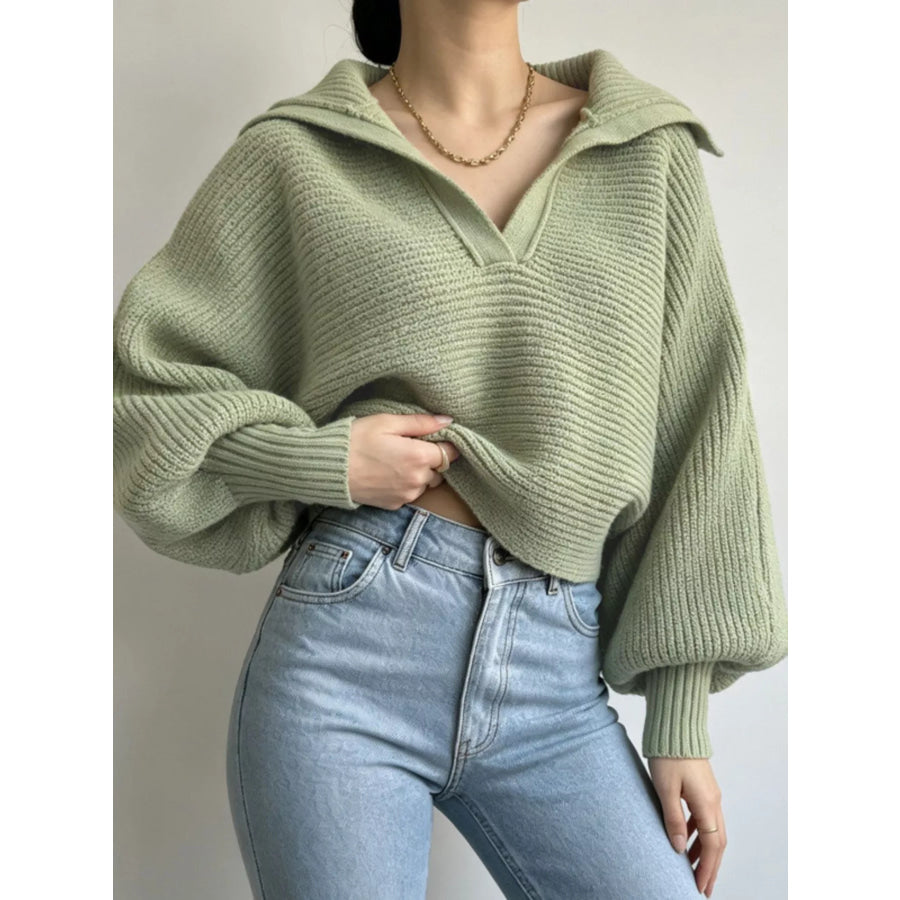 Oversized Collar Ribbed Cropped Sweater Green / S Apparel and Accessories