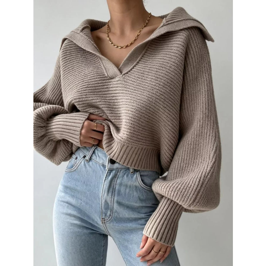 Oversized Collar Ribbed Cropped Sweater Khaki / S Apparel and Accessories