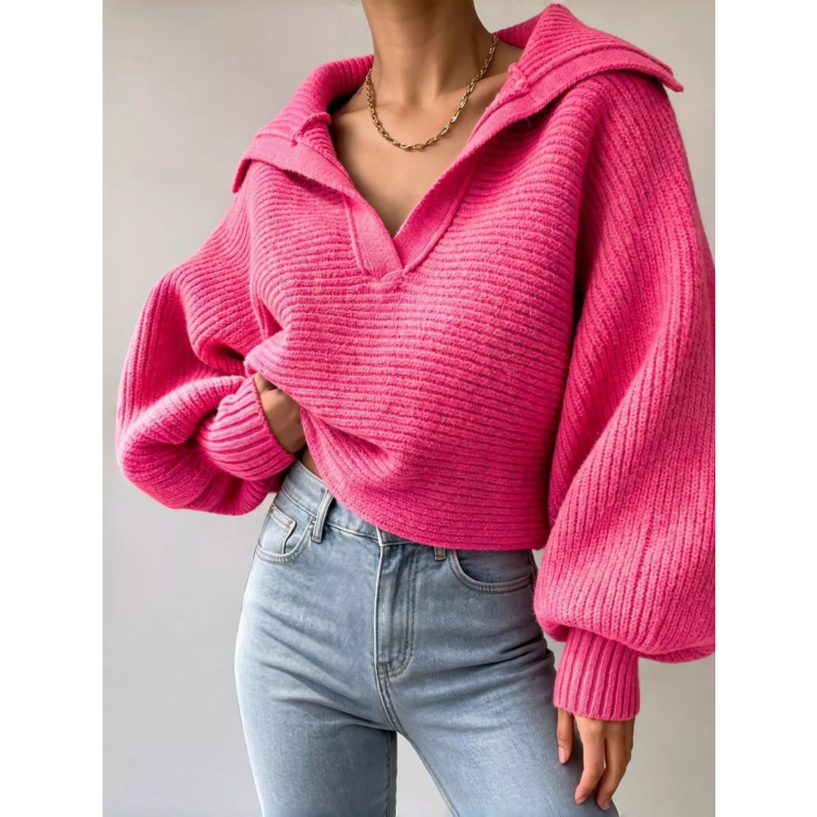 Oversized Collar Ribbed Cropped Sweater Red / S Apparel and Accessories
