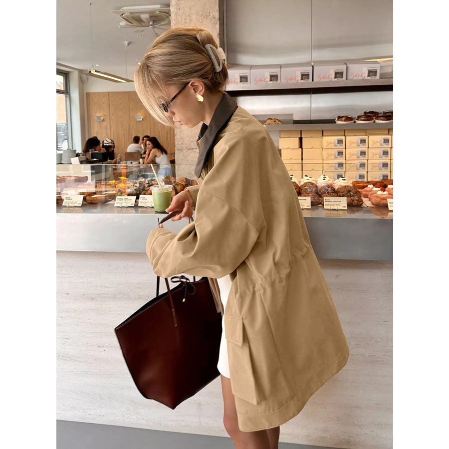 Oversized Contrast Collar Jacket with Drawstring Waist Apparel and Accessories