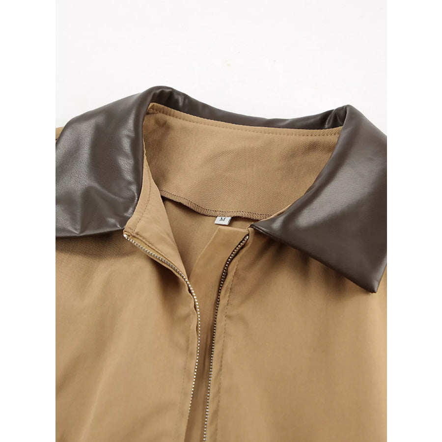 Oversized Contrast Collar Jacket with Drawstring Waist Apparel and Accessories