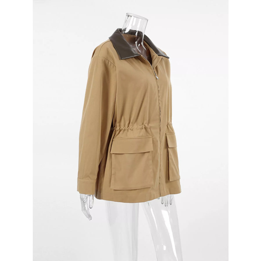 Oversized Contrast Collar Jacket with Drawstring Waist Apparel and Accessories