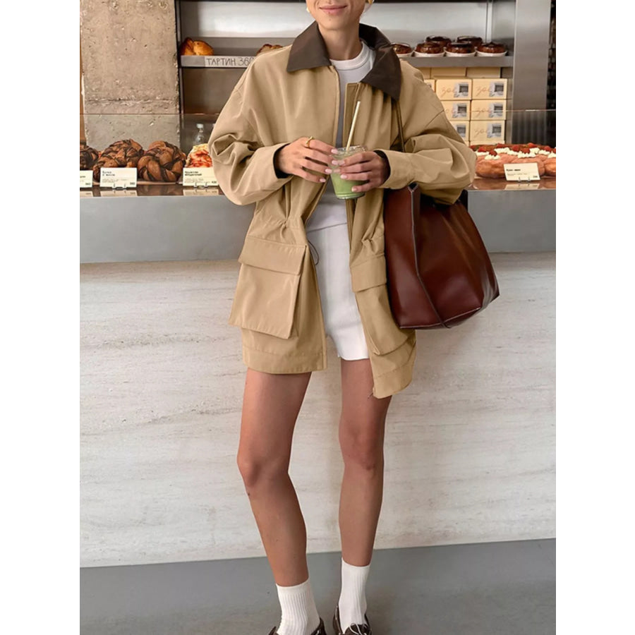 Oversized Contrast Collar Jacket with Drawstring Waist Apparel and Accessories
