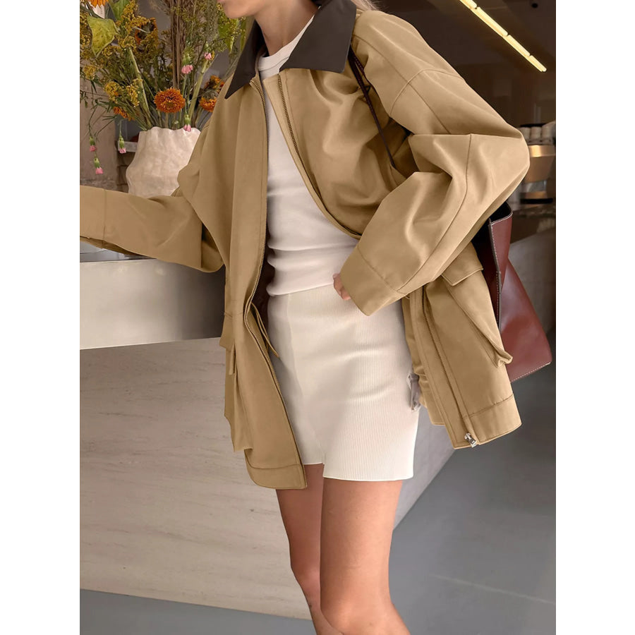 Oversized Contrast Collar Jacket with Drawstring Waist Apparel and Accessories